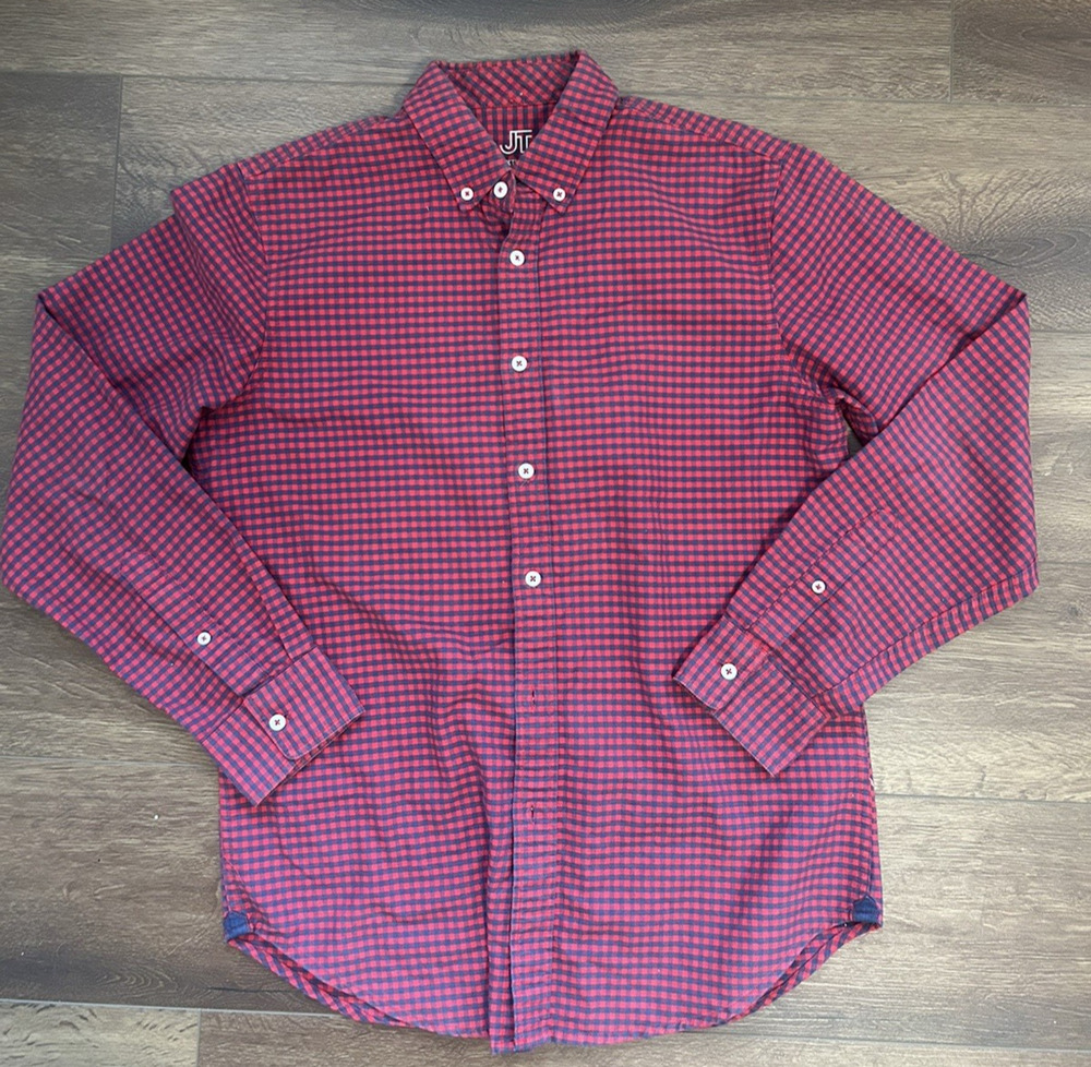 JT Jack Threads Shirt Small Mens Plaid Red White Blue Button Down Long Sleeve